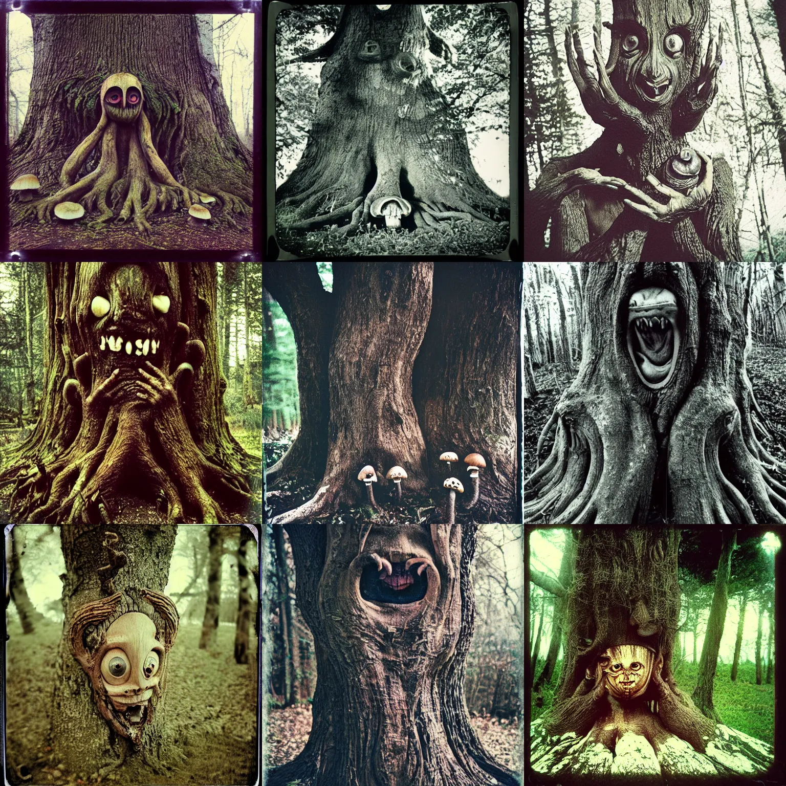Prompt: a terrifying tree monster swallowing mushrooms, distorted faces made of bark, gaping maw, critical moment, liminal, lovecraftian horror, pans labyrinth, shot on expired instamatic film