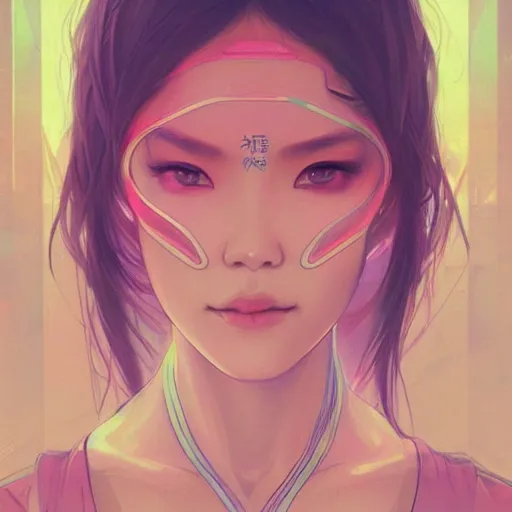 Prompt: Vietnamese woman, pastel pink skin tone, electronic eyes, cyberpunk, Arstation by Artgerm and greg rutkowski and alphonse mucha