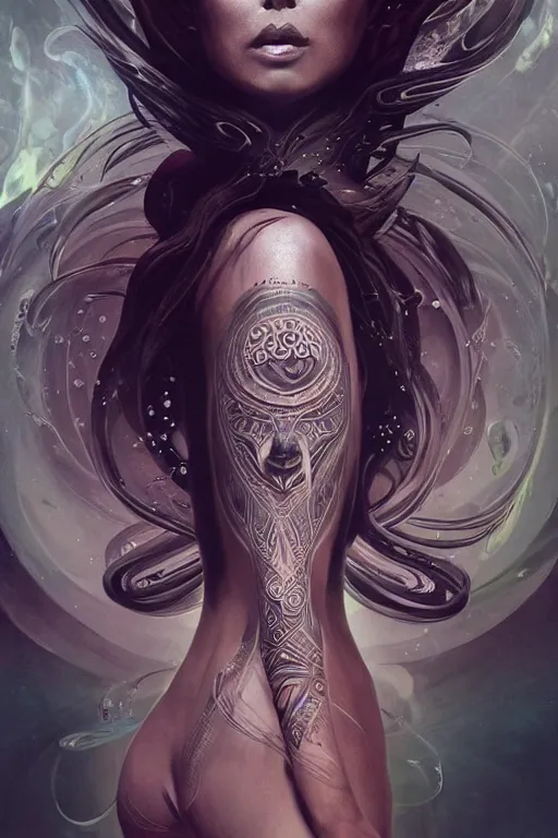 Image similar to a centered full body render of an alluring futuristic goddess with tribal tattoos surrounded by a underwater ink pour and flowing liquid gallium and sacred geometry, perfect body and face, powerful, cinematic, beautifully lit, by artgerm, by karol bak, 3 d, trending on artstation, octane render, 8 k