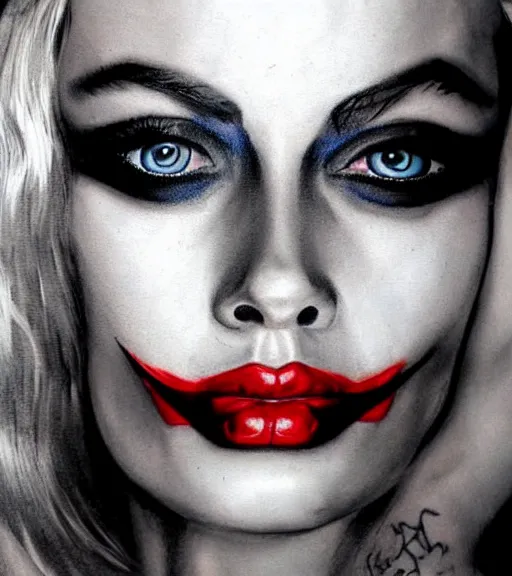 Prompt: tattoo design sketch of beautiful margot robbie portrait with joker makeup, in the style of den yakovlev, realistic face, black and white, realism tattoo, hyper realistic, highly detailed, faded drawing