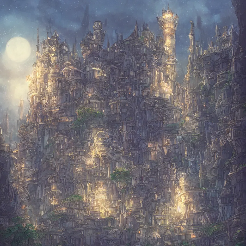 Image similar to there is a glowing white tower in the dark city, fantasy art, 2 d game art, by studio ghibli