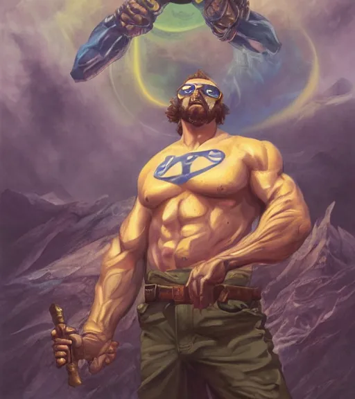 Prompt: Gigachad sigma buff macho Sam Hyde, standing triumphant and proud, award winning photo, by Peter Mohrbacher