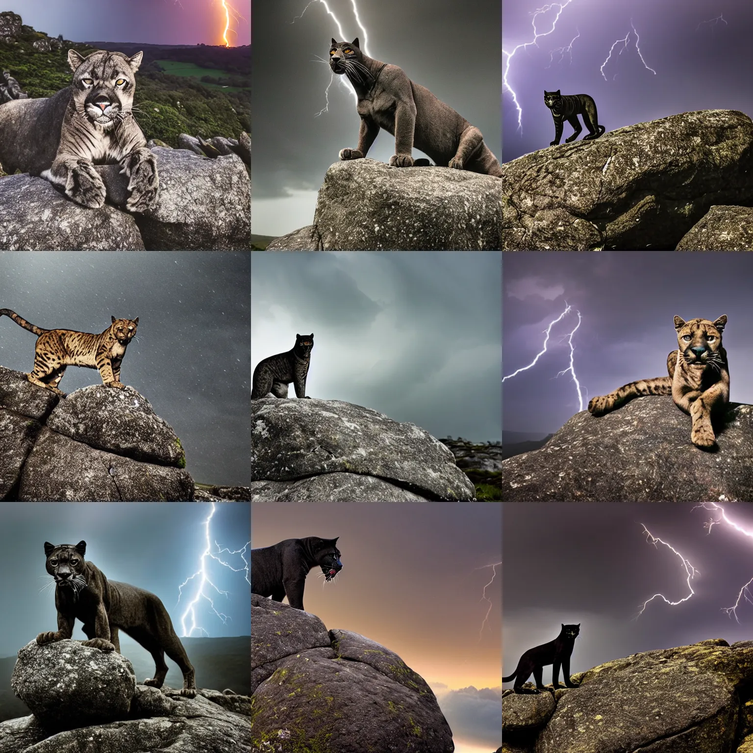 Prompt: a panther on a granite rock outcrop in dartmoor national park, during a lightning storm, dramatic lighting, cinematic, epic