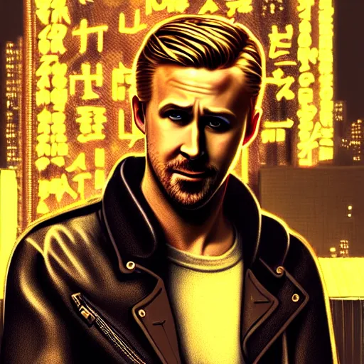 Prompt: portrait of ryan gosling, leather jacket, at futuristic cyberpunk tokyo night, sci - fi and fantasy, intricate and very very very beautiful, highly detailed, digital painting, artstation, concept art, smooth and sharp focus, illustration, art by tian zi and wlop and alphonse mucha