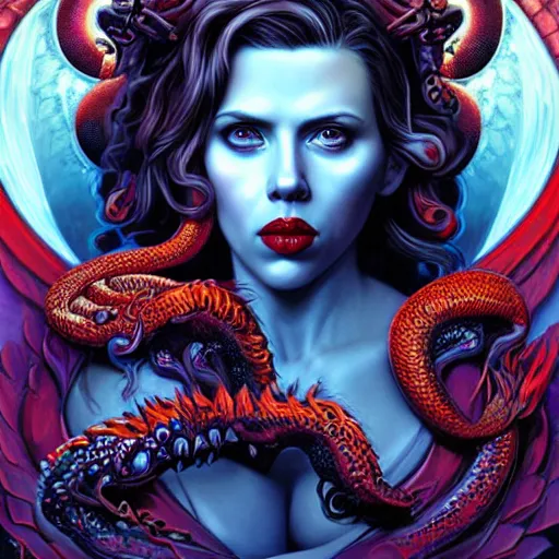 Image similar to demonic hell portrait of scarlett johansson as queen of hell, fire and flame, big long hell serpent dragon octopus, Pixar style, by Tristan Eaton Stanley Artgerm and Tom Bagshaw.