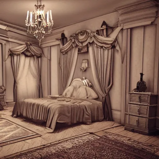 Prompt: haunted mansion bedroom in the style of an archvis render