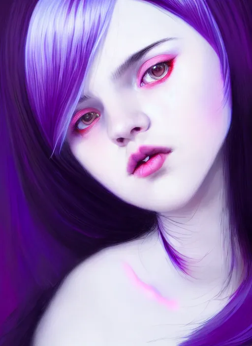 Image similar to portrait of teenage girl, red irises, bangs, black and white hair, white bangs, purple clothes, white bangs, two color hair, black hair and white bangs, intricate, elegant, glowing lights, highly detailed, digital painting, artstation, concept art, smooth, sharp focus, illustration, art by wlop, mars ravelo and greg rutkowski