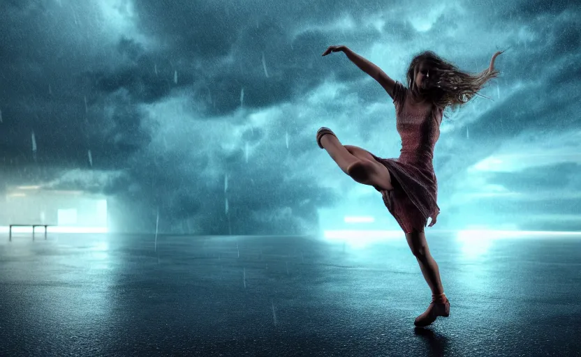 Image similar to a hyperdetailed photorealistic beautiful woman dancing in a thunderstorm, rain, global illumination, volumetric lighting, cinematic framing, cinematic lighting, cinematic shadows, in the style of 2 0 2 2