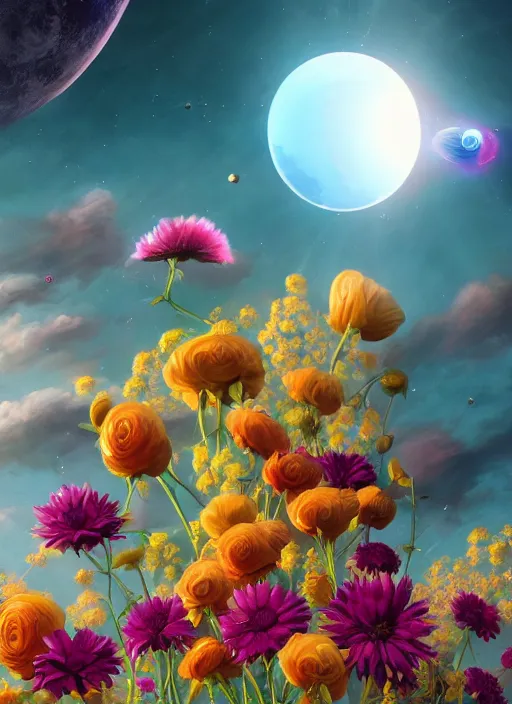 Image similar to An epic fantastic realism comic book style painting of the most beautiful flowers launched into space, bouquets, solar eclipse, fisheye, unreal 5, DAZ, hyperrealistic, octane render, dynamic lighting