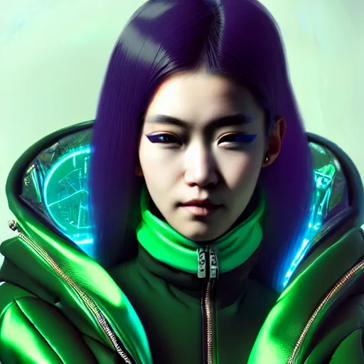 Prompt: young Asian Cyberpunk woman with green hair standing in front of a city, Close up portrait, wearing a leather jacket, hyperdetailed, artstation, cgsociety, 8k