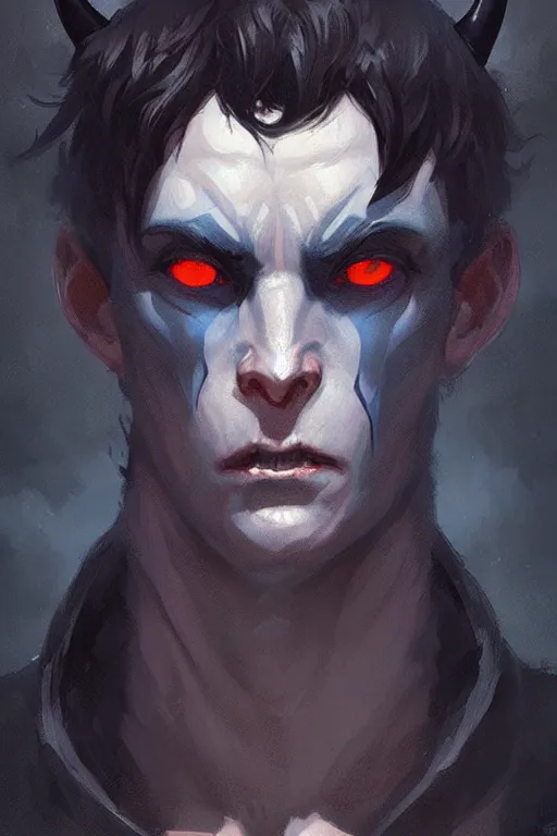 Image similar to character design portrait of a sad dark blue tiefling boy with horns and dark hair and pitch black hollow eyes by Greg Rutkowski