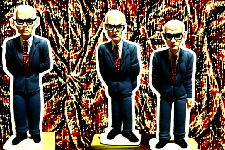 Image similar to image of gilbert and george being possessed by the ghost of alan turing, chromatic noise, stop motion vinyl action figure, plastic, toy, butcher billy style