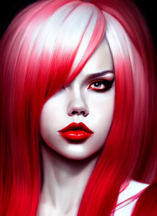 Image similar to photo of kerli koiv with red and white ombre in the style of stefan kostic, realistic, half body shot, sharp focus, 8 k high definition, insanely detailed, intricate, elegant, art by stanley lau and artgerm, foggy backgeound