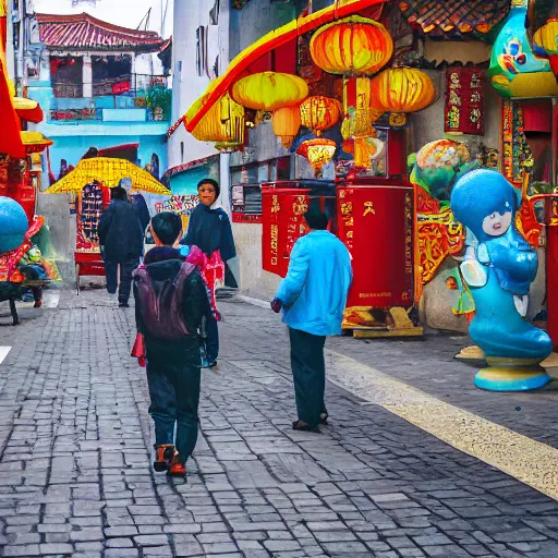 Prompt: Whimsical street photography scene in a small city in China, Ricoh GRIII, f/3, focal length: 18.0 mm, shutter speed: 1/250 s, ISO: 200