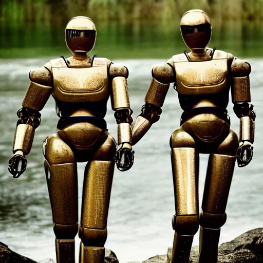 Image similar to Beautiful cinematic scene of a couple of two damaged and broken humanoid robots holding hands near a river, at night, peaceful, science fiction, cinematic lighting, insanely detailed, directed by Denis Villeneuve and Wes Anderson, cinestill 800t