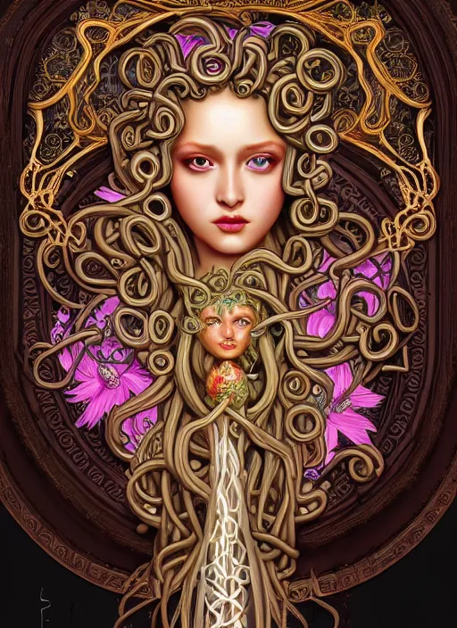 Image similar to professionally-painted ultradetailed ornate RPG award winning masterpiece illustration of beautiful symmetrical Medusa radiating glowing aura, fully clothed with an art nouveau flowery dress, digital airbrush painting, 3d rim light, hyperrealistic, artstation, cgsociety, kodakchrome, golden ratio