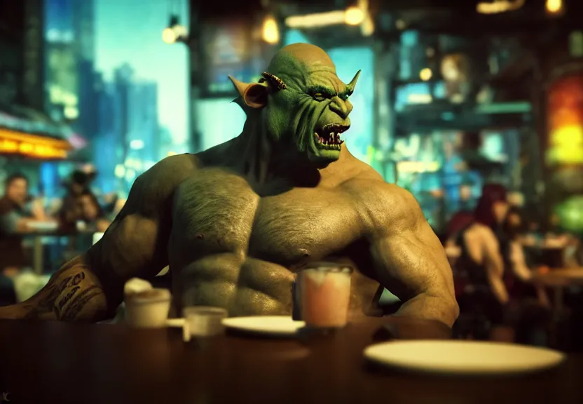 Image similar to a muscular male orc punk sitting at a table in a cafe in a cyberpunk city, close up shot, sharp focus, shallow depth of field, highly detailed face, 8k, unreal engine 5, cinematic lighting, vivid elegant fantasy concept art, character art, stern blue neon atmosphere, artstation, deep complimentary colors, volumetric lighting, photorealistic, hyperdetailed 3D matte painting, hyperrealism, hyperrealistic masterpiece