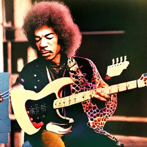 Image similar to jimi hendrix playing a lizard guitar, color photo, cinematic