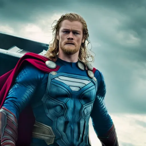 Image similar to Sam heughan as Thor, captain america and Superman epic cinematic shoot hd