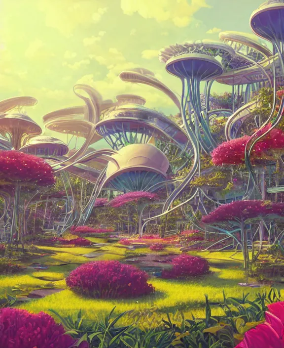 Image similar to simplicity, elegance, an amusement park made out of bizarre organic creatures, in the style of a streamlined asymmetrical spaceship, overgrown with flowers, partly cloudy, sun - drenched, by dan mumford, yusuke murata, makoto shinkai, ross tran, cinematic, unreal engine, cel shaded, featured on artstation, pixiv