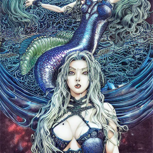 Prompt: portrait of crazy mermaid, symmetrical, by yoichi hatakenaka, masamune shirow, josan gonzales and dan mumford, ayami kojima, takato yamamoto, barclay shaw, karol bak, yukito kishiro