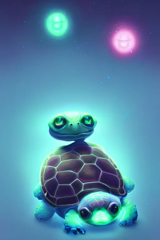 Image similar to super cute Bioluminescent Space Turtle character concept, soft light, soft mood, realistic body features and face, illustration, painting oil on canvas by Elena Zhurikhina and Goro Fujita and Charlie Bowater, octane render trending on artstation, 4k, 8k, HD