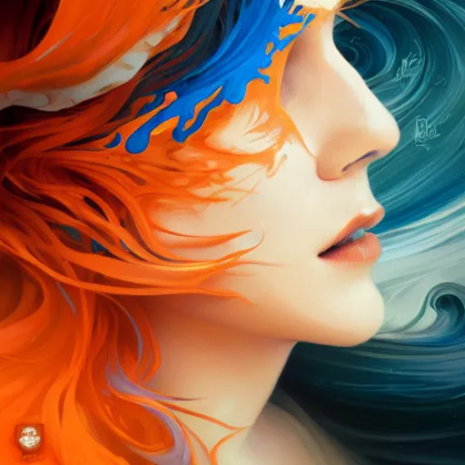Image similar to swirls orange,cerulean,white gouache and a daub of midnight pain, intricate, highly detailed, digital painting, artstation, concept art, smooth, sharp focus, illustration, Unreal Engine 5, 8K, art by artgerm and greg rutkowski and alphonse mucha