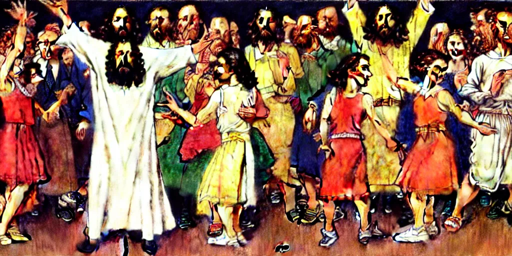 Prompt: mascot versions of jesus dancing at a disco, by norman rockwell