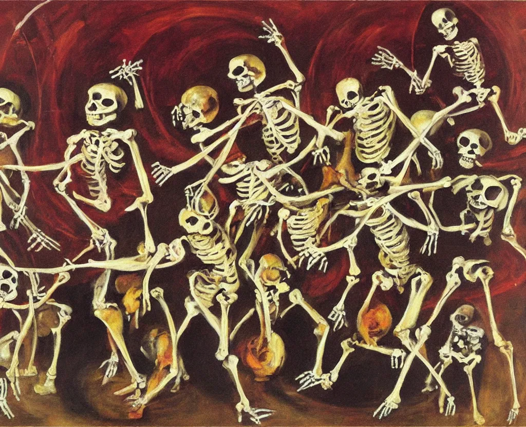 Image similar to oil painting of skeletons dancing in a circle, witches sabbat, art by francis bacon