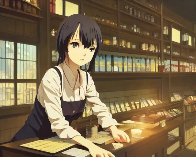 Image similar to anime visual, portrait of a young female traveler in a alchemist's shop interior, low light, cute face by ilya kuvshinov, yoh yoshinari, katsura masakazu, studio lighting, dynamic pose, dynamic perspective, strong silhouette, anime cels, cel shaded, flat shading, crisp and sharp, rounded eyes, moody