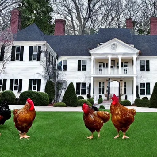 Image similar to the chickens are eating dinner at the govenors mansion and white houses buffet on a saturday night at the the round tables house in cold hearted lake icy toes