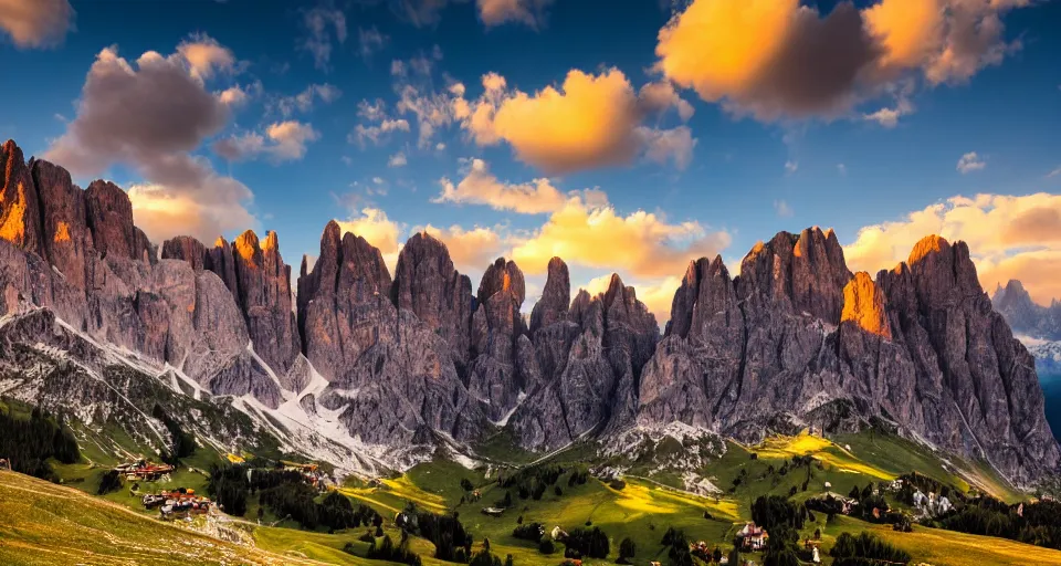 Image similar to landscape photography of Dolomites in the sunset, clouds, dramatic lighting, 500px