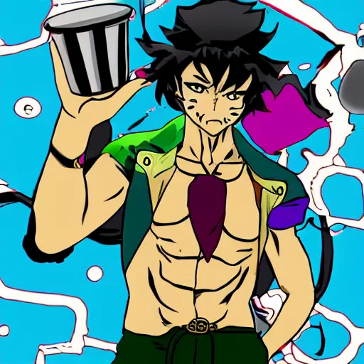 Prompt: guy with pot and little bit of sus in JoJo's bizarre adventure anime style