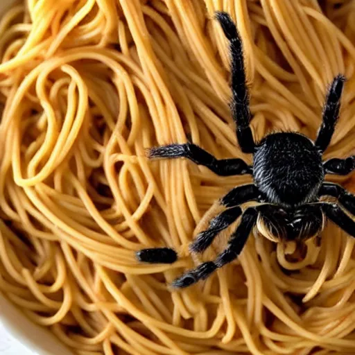 Image similar to An angry spider in a bowl of spaghetti