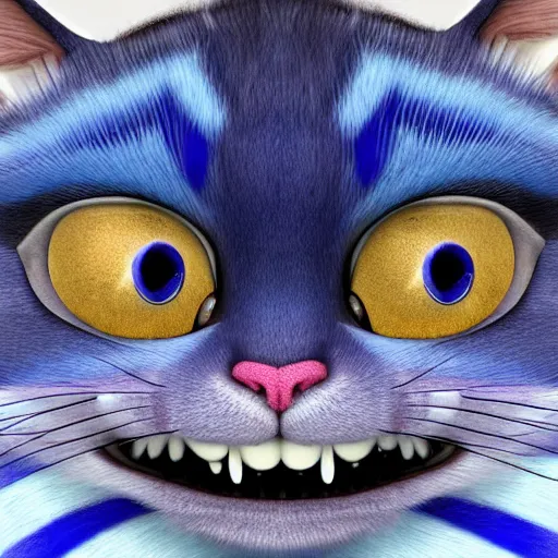 Prompt: cute blue striped cheshire cat. an adorable cat with light blue stripes, blue eyes and a big mischievous smile. stunning digital art by mona sundberg. fluffy, plush - like