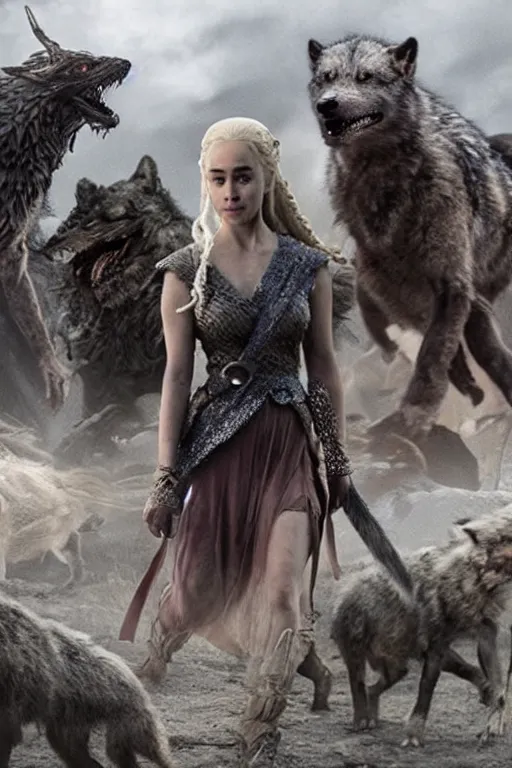 Image similar to khaleesi in an apocalyptic world surrounded by wolves