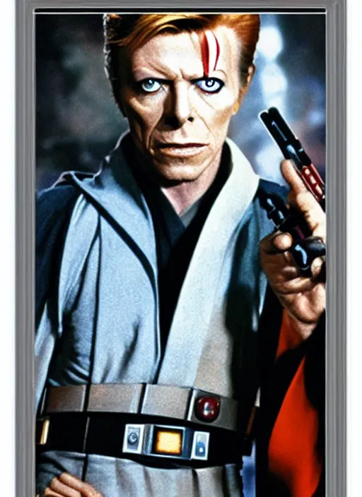 Image similar to david bowie as obi wan kenobi in star wars, movie frame, bluray