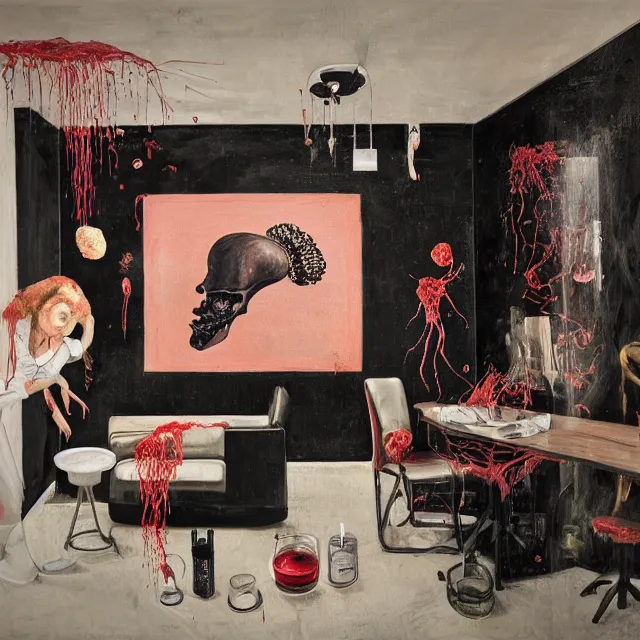 Prompt: unfurnished apartment with black walls, a sensual portrait of a female pathologist holding a brain, intravenous drip, pomegranate, seaweed, organic, sensual, pancakes, berries, octopus, surgical supplies, scientific glassware, candles, berry juice drips, neo - expressionism, surrealism, acrylic and spray paint and oilstick on canvas
