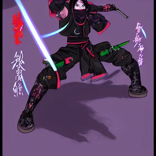 Prompt: a cyberpunk ninja fighting and wielding an electric kyoketsu - shoge!!! concept art, award winning. 4 k