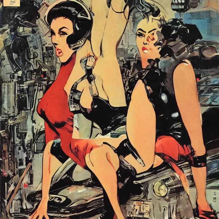 Prompt: scifi woman by Robert McGinnis, pulp comic style, circa 1958