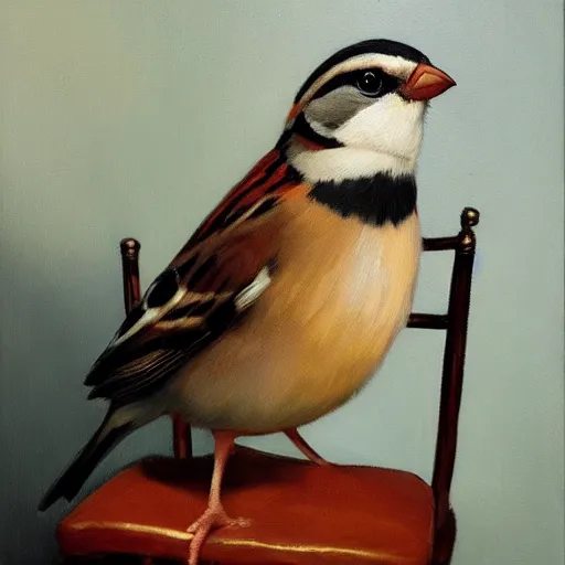 Image similar to an oil painting of a sparrow perched on a chair, highly detailed, oleo, artstation, sharp focus, by diego velazquez