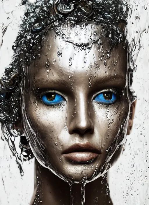 Image similar to sculpture made of water, portrait, female, future, shaman, harper's bazaar, vogue, magazine, insanely detailed and intricate, concept art, close up, wet, ornate, luxury, elite, elegant, trending on artstation, by ruan jia, by Kenneth Willardt, by ross tran, by WLOP, by Andrei Riabovitchev,