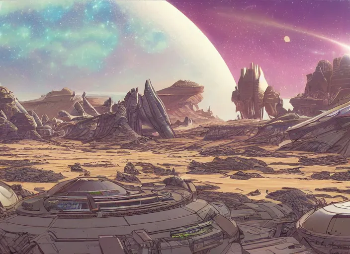 Image similar to close up view of a bustling space port on an alien planet by jeff darrow and moebius, earth and pastel colors, dramatic perspective, detailed, realistic, masterpiece, 4 k, 8 k