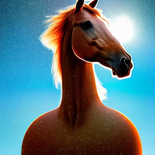 Prompt: digital art of horse situated on top of an human astronaut back. from western by hiroyuki okiura and katsuhiro otomo and alejandro hodorovski style with many details by mike winkelmann and vincent di fate in sci - fi style. volumetric natural light photo on dsmc 3 system,