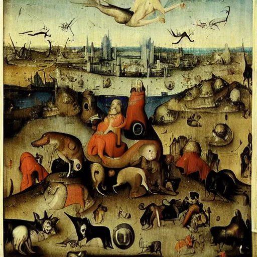 Prompt: dogs riding humans, post-apocalypse, city scape, by hieronymous bosch