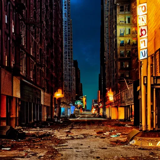 Image similar to color photograph, highly detailed abandoned New York city street at night after the war between humans and AIs, natural light, film grain, soft vignette, sigma 85mm f/1.4 1/10 sec shutter, film still promotional image, IMAX 70mm footage