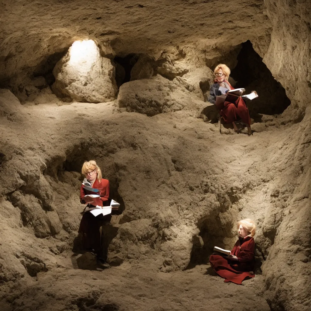 Prompt: An office lady reads a book in a cave, Cindy Sherman, canon 5d