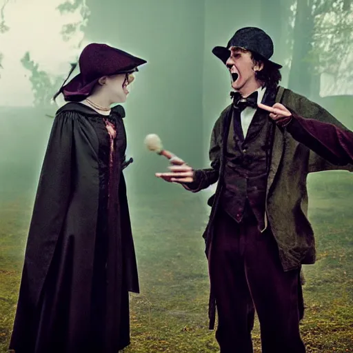 Image similar to professor lupin and breanne of tarth having a rap battle in hell, gothic, whimsical