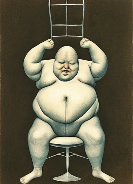 Image similar to fat man sitting on chair, sweat, fat, frustrated, art by gertrude abercrombie and hans bellmer and william blake