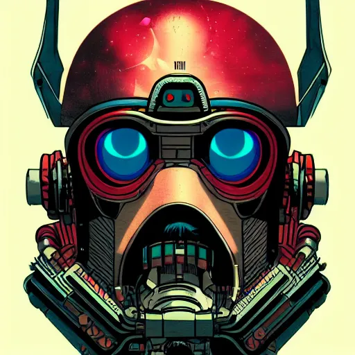 Image similar to close up portrait of a 28rd century Space Pirate by James Jean Dan Mumford Strongstufftom, most wanted warhammer 40k pirate, space skull helmet, dark thief data traveler, Ghost in the shell, Akira, anime cyberpunk, Blade Runner
